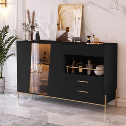 Dolawn Modern 140 cm Black Sideboard Buffet Tempered Glass Doors & Shelf Tray Wine Rack - thumbnail 2