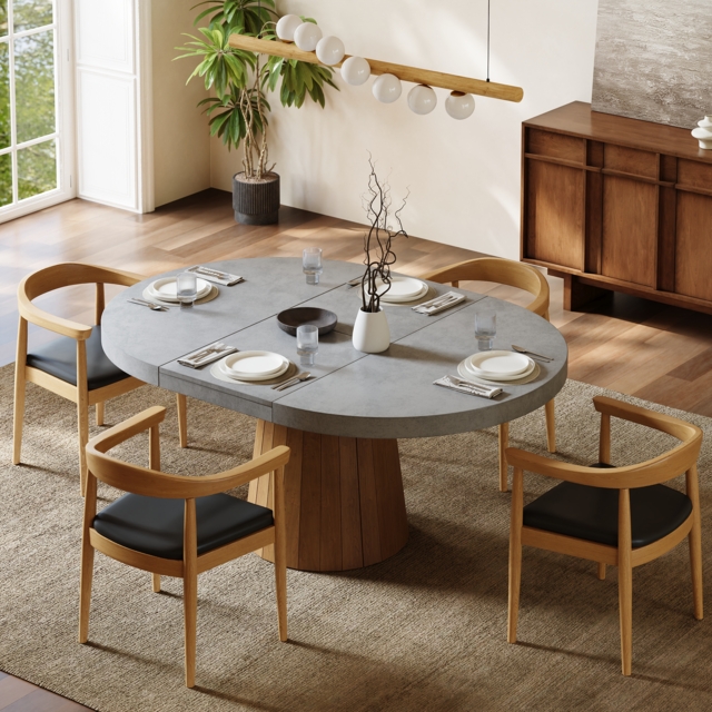 "Extendable Dining Table Set 39""-55"" Japandi Gray Dining Table & 6 Walnut Wood Dining Chairs" - image 1