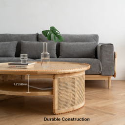 2-Tiered Japandi Round Wood Coffee Table with Rattan Base - thumbnail 9
