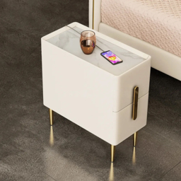 Inarrow Modern Beige Nightstand Bedside Table with 2 Drawers in Gold Legs Set of 2 - thumbnail 4