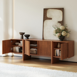 200 cm Solid Wood TV Stand Mid Century Modern Media Console with Storage in Walnut - thumbnail 3