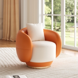 Swivel Barrel Accent Chair Faux Leather Armchair for Living Room in Orange & White
