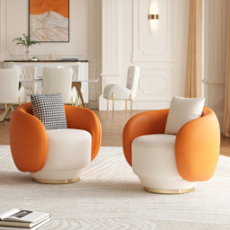 Swivel Barrel Accent Chair Faux Leather Armchair for Living Room in Orange & White - thumbnail 2