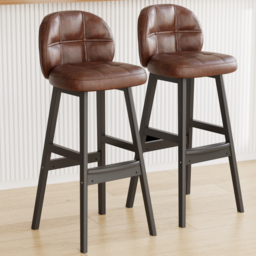 Brown Rustic Upholstered Rustic Bar Stools Set of 2 PU Leather Tufted Curved Back - thumbnail 4