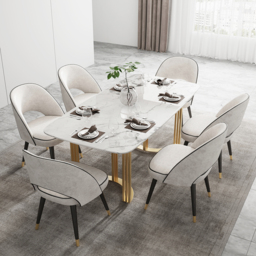 "63"" Faux Marble Dining Room Table for 4-6 Person White Rectangular Top in Gold"