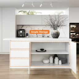 "72"" Large Kitchen Island & 2 Swivel Bar Stools Set Kitchen Cabinet Marble Veneered White" - thumbnail 5