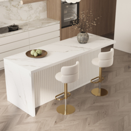 "72"" Large Kitchen Island & 2 Swivel Bar Stools Set Kitchen Cabinet Marble Veneered White" - thumbnail 1