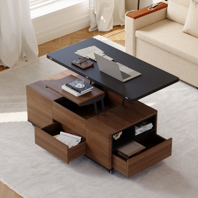 120 cm Lift-Top Foldable Walnut Coffee Table with Drawers & Cabinet - image 1