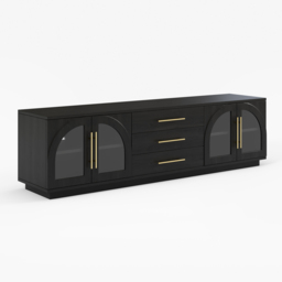 Arune 1829 mm Mid Century Modern Black TV Stand Coffee Table Set with LED Lights and Arched Glass Cabinet Doors - thumbnail 9