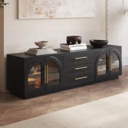 Arune 1829 mm Mid Century Modern Black TV Stand Coffee Table Set with LED Lights and Arched Glass Cabinet Doors - thumbnail 3