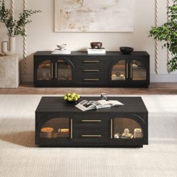 Arune 1829 mm Mid Century Modern Black TV Stand Coffee Table Set with LED Lights and Arched Glass Cabinet Doors