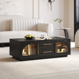 Arune 1829 mm Mid Century Modern Black TV Stand Coffee Table Set with LED Lights and Arched Glass Cabinet Doors - thumbnail 5