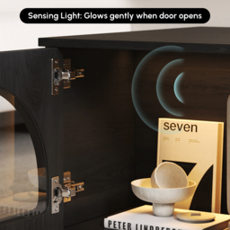 Arune 1829 mm Mid Century Modern Black TV Stand Coffee Table Set with LED Lights and Arched Glass Cabinet Doors - thumbnail 7