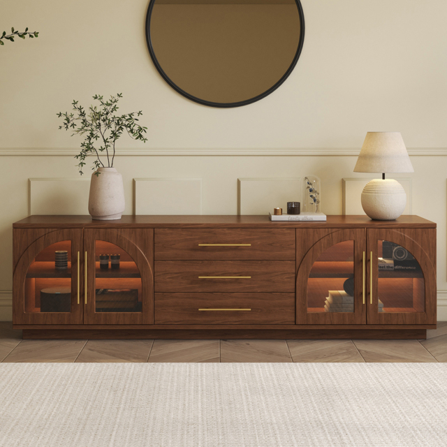 Arune 180 cm Mid Century Modern Walnut TV Stand with LED Lights and Arched Glass Cabinet Doors - image 1