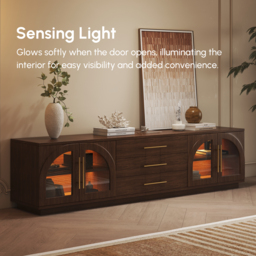 Arune 180 cm Mid Century Modern Walnut TV Stand with LED Lights and Arched Glass Cabinet Doors - thumbnail 8
