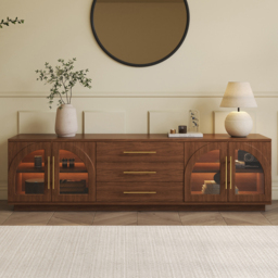 Arune 180 cm Mid Century Modern Walnut TV Stand with LED Lights and Arched Glass Cabinet Doors