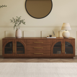 Arune 180 cm Mid Century Modern Walnut TV Stand with LED Lights and Arched Glass Cabinet Doors - thumbnail 6