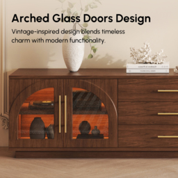 Arune 180 cm Mid Century Modern Walnut TV Stand with LED Lights and Arched Glass Cabinet Doors - thumbnail 7