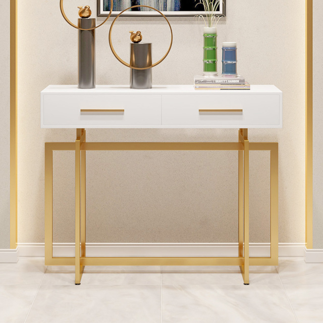 1000mm Narrow Console Table with Storage Drawers White Hallway Table with Metal Legs - image 1
