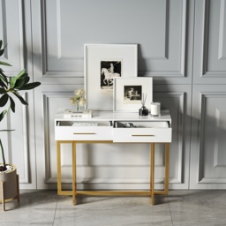 1000mm Narrow Console Table with Storage Drawers White Hallway Table with Metal Legs - thumbnail 6