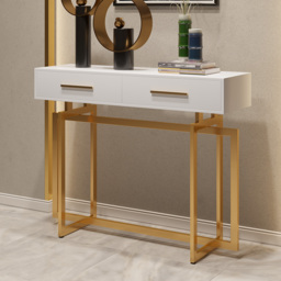 1000mm Narrow Console Table with Storage Drawers White Hallway Table with Metal Legs - thumbnail 2