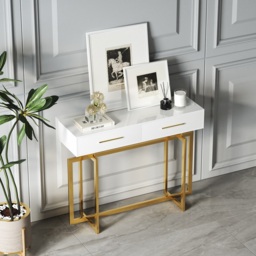 1000mm Narrow Console Table with Storage Drawers White Hallway Table with Metal Legs - thumbnail 5