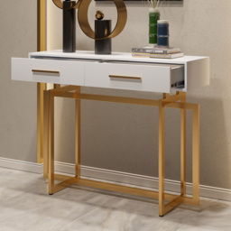 1000mm Narrow Console Table with Storage Drawers White Hallway Table with Metal Legs - thumbnail 3