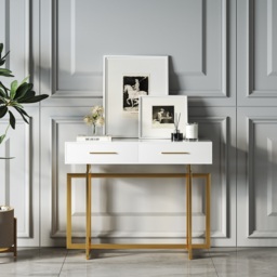 1000mm Narrow Console Table with Storage Drawers White Hallway Table with Metal Legs - thumbnail 4