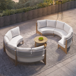 Farmhouse Curved Modular Outdoor Patio Sectional Sofa & Propane Gas Fire Pit Table - thumbnail 1