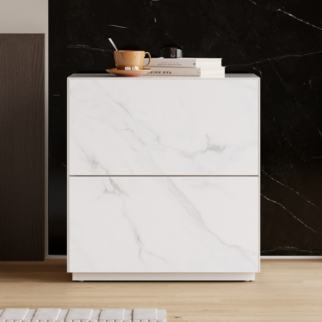 Modern 600mmW Faux Travertine Nightstand 1 Drawer Bedside Table Set of 2 - image 1