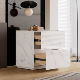 Modern 600mmW Faux Travertine Nightstand 1 Drawer Bedside Table Set of 2 - thumbnail 4