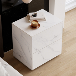 Modern 600mmW Faux Travertine Nightstand 1 Drawer Bedside Table Set of 2 - thumbnail 2