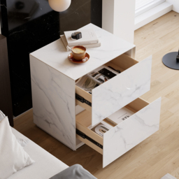 Modern 600mmW Faux Travertine Nightstand 1 Drawer Bedside Table Set of 2 - thumbnail 3