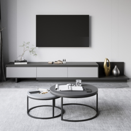 Living Room Set Gray Retractable Extendable TV Stand & Round Nesting Coffee Table Set - thumbnail 2