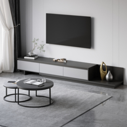 Living Room Set Gray Retractable Extendable TV Stand & Round Nesting Coffee Table Set