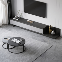 Living Room Set Gray Retractable Extendable TV Stand & Round Nesting Coffee Table Set - thumbnail 3