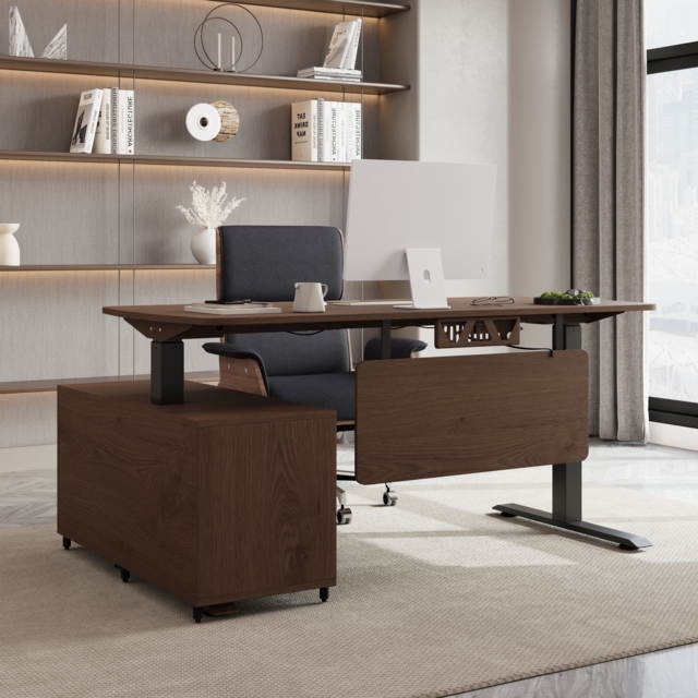Adjustable Upholstered Swivel Office Chair Faux Leather Comfy Office Chair  Executive with Adjustable Electric Standing Desktop Right Hand (1600mm) - image 1