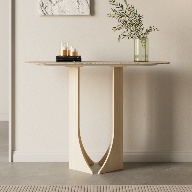 1000mm Oval Travertine Stone Console Table Modern Entryway Table with Abstract Base - image 1