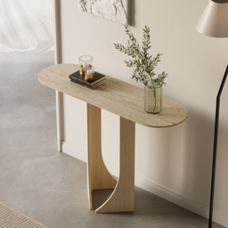 1000mm Oval Travertine Stone Console Table Modern Entryway Table with Abstract Base - thumbnail 3