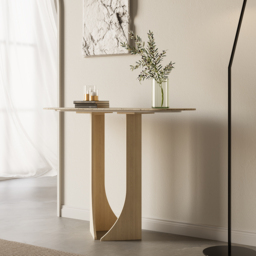 1000mm Oval Travertine Stone Console Table Modern Entryway Table with Abstract Base - thumbnail 2