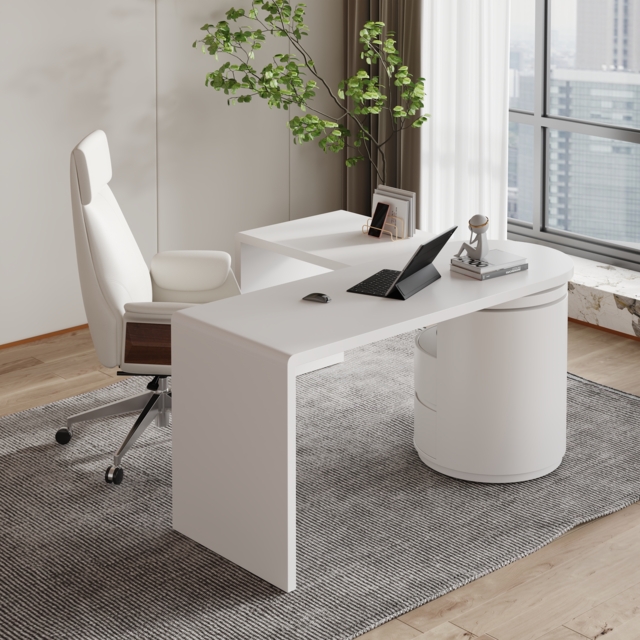 Modern 150 cm L-Shaped Matte Warm White Rotating Executive Desk with Storage Drawers - image 1