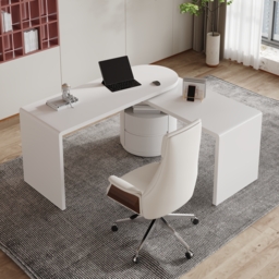 Modern 150 cm L-Shaped Matte Warm White Rotating Executive Desk with Storage Drawers - thumbnail 4