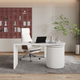 Modern 150 cm L-Shaped Matte Warm White Rotating Executive Desk with Storage Drawers - thumbnail 3