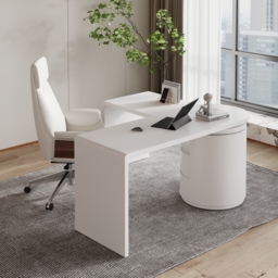 Modern 150 cm L-Shaped Matte Warm White Rotating Executive Desk with Storage Drawers