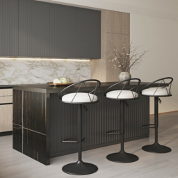 "72"" Black Kitchen Island & 2 Bar Stools Set PU Leather Adjustable Height Kitchen Chairs with Storage Kitchen Cabinet Marble Veneered Top" - thumbnail 3