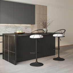 "72"" Black Kitchen Island & 2 Bar Stools Set PU Leather Adjustable Height Kitchen Chairs with Storage Kitchen Cabinet Marble Veneered Top" - thumbnail 2