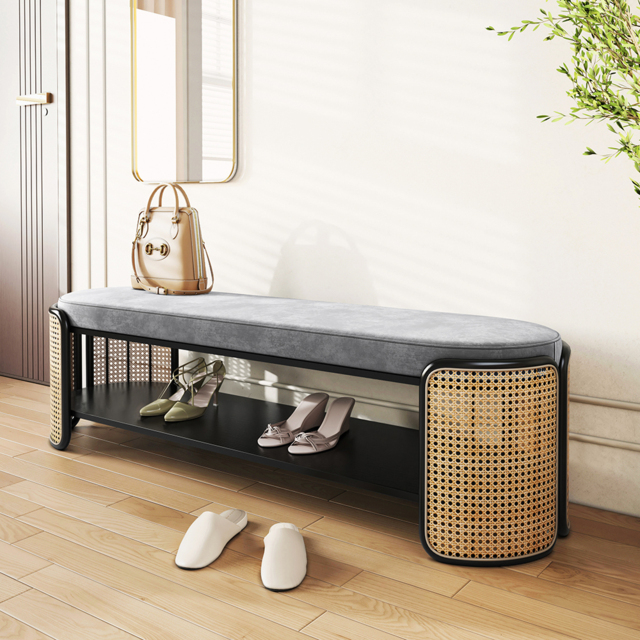 1247mm Rattan Bench Modern Gray & Natural Upholstered Entryway Bench with Shoe Storage - image 1