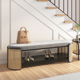 1247mm Rattan Bench Modern Gray & Natural Upholstered Entryway Bench with Shoe Storage - thumbnail 5