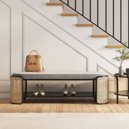 1247mm Rattan Bench Modern Gray & Natural Upholstered Entryway Bench with Shoe Storage - thumbnail 2