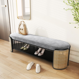 1247mm Rattan Bench Modern Gray & Natural Upholstered Entryway Bench with Shoe Storage - thumbnail 3